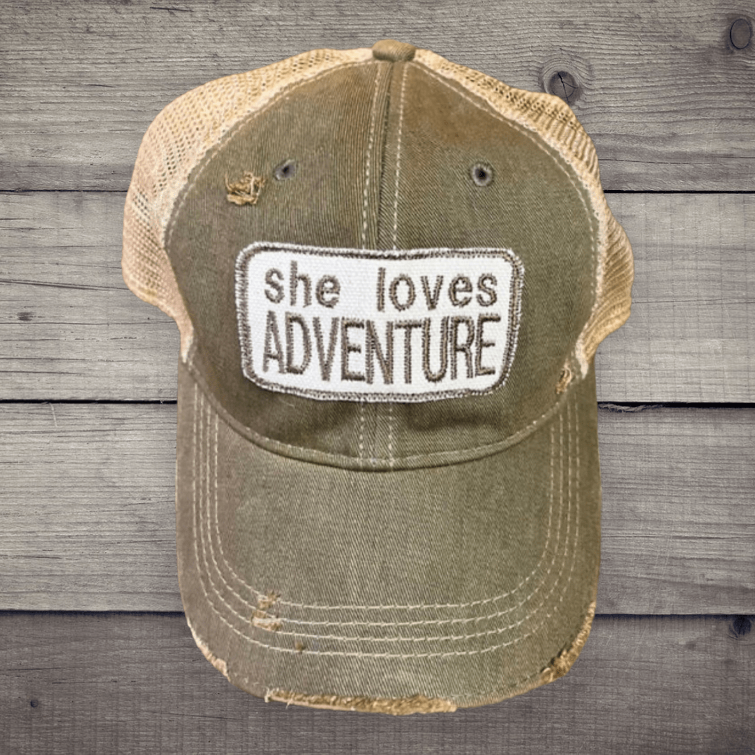 “She Loves Adventure” Distressed Trucker Hat - Wander Together Outfitters
