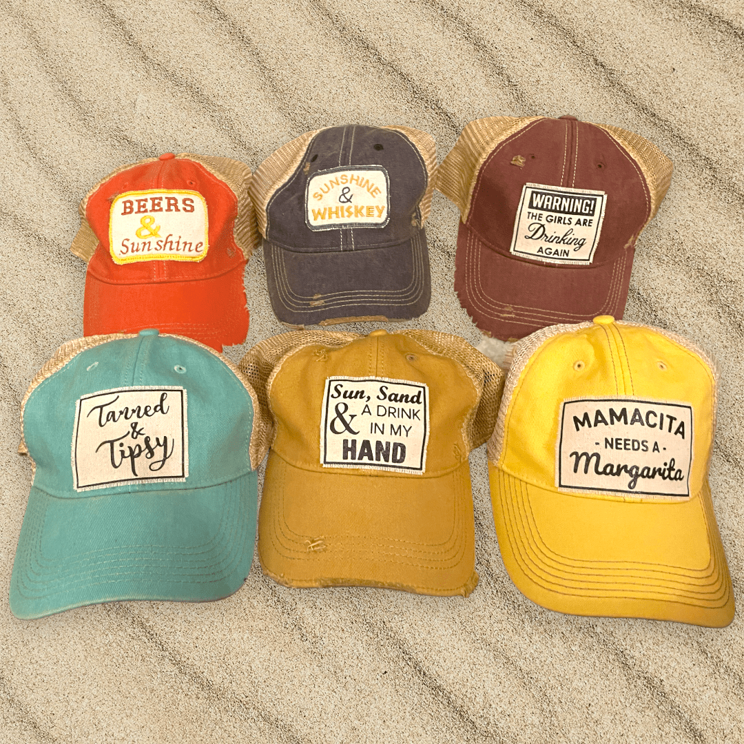 “Sun, Sand & A Drink In My Hand” Distressed Trucker Cap - Wander Together Outfitters