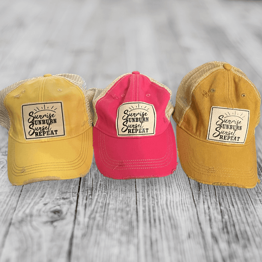 "Sunrise Sunburn Sunset Repeat" Trucker Hat Baseball Cap (Various Colors) - Wander Together Outfitters