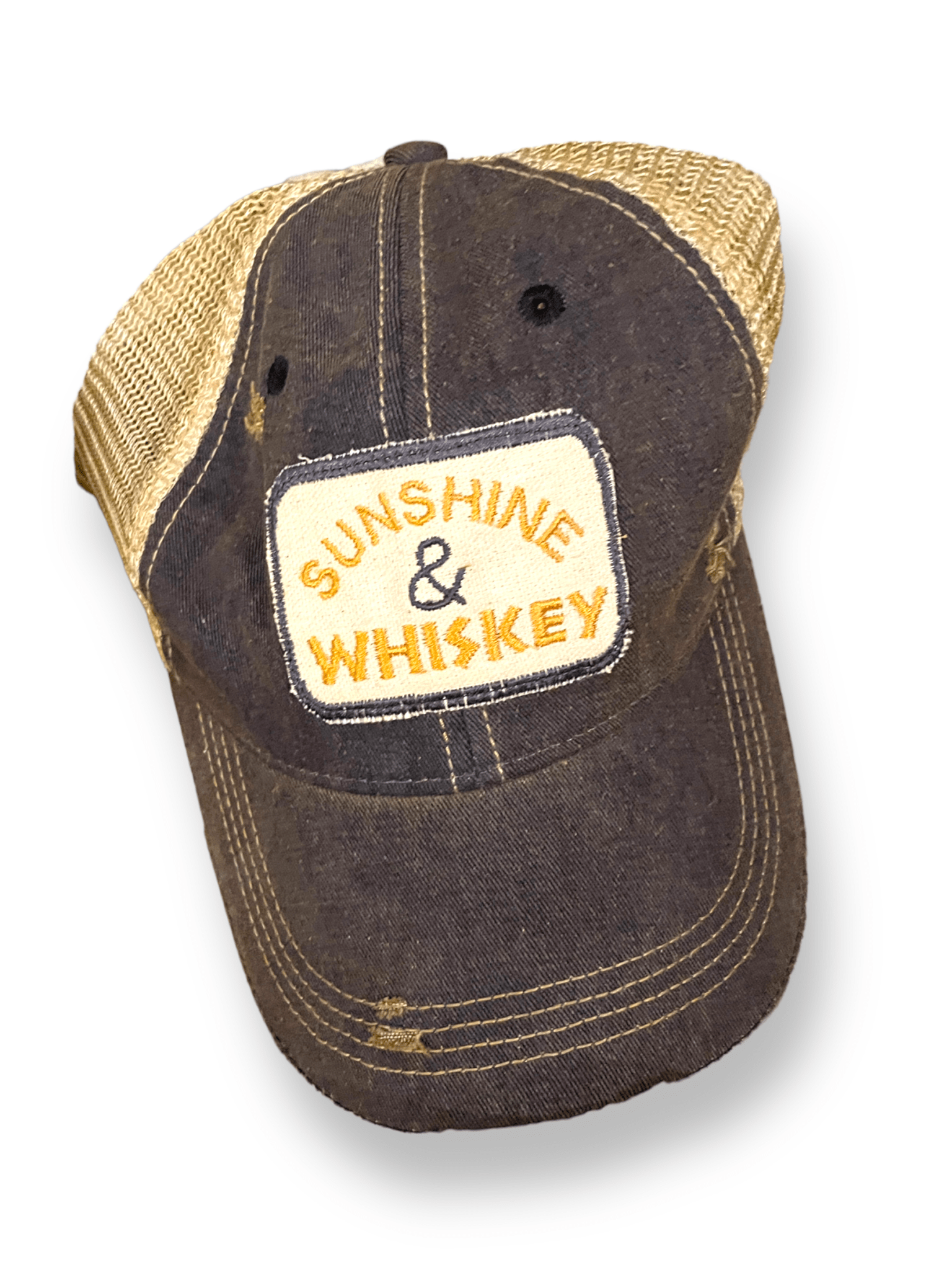 “Sunshine & Whiskey” Embroidered Patch Distressed Cap - Wander Together Outfitters