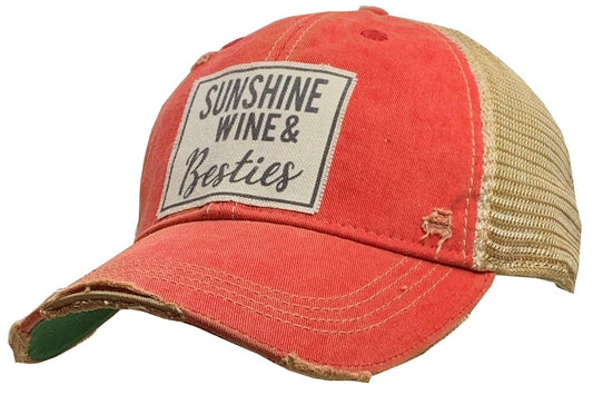 “Sunshine Wine and Besties” Distressed Trucker Hat Baseball - Wander Together Outfitters