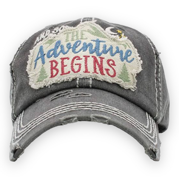 "The Adventure Begins" Embroidered Patch Distressed Cap (Black)