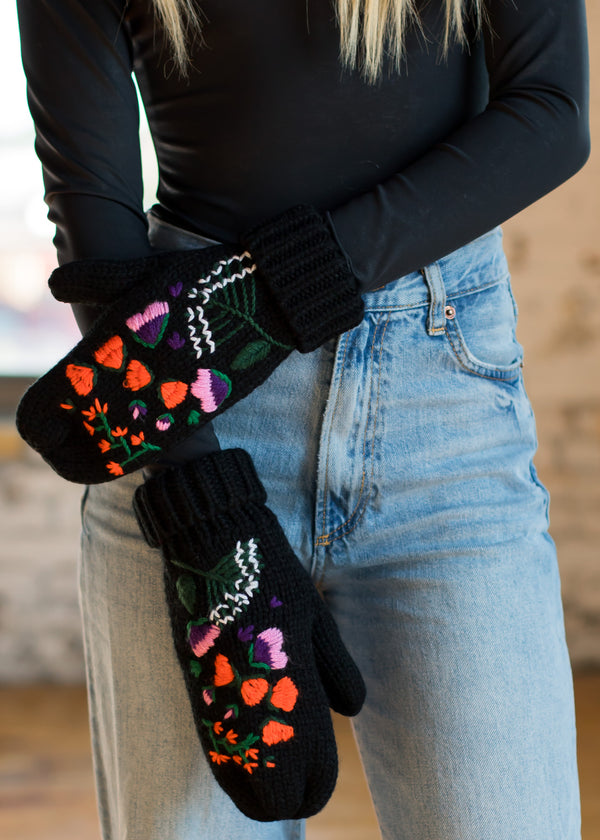 Black Hand Stitched Floral Knit Mittens (SALE)